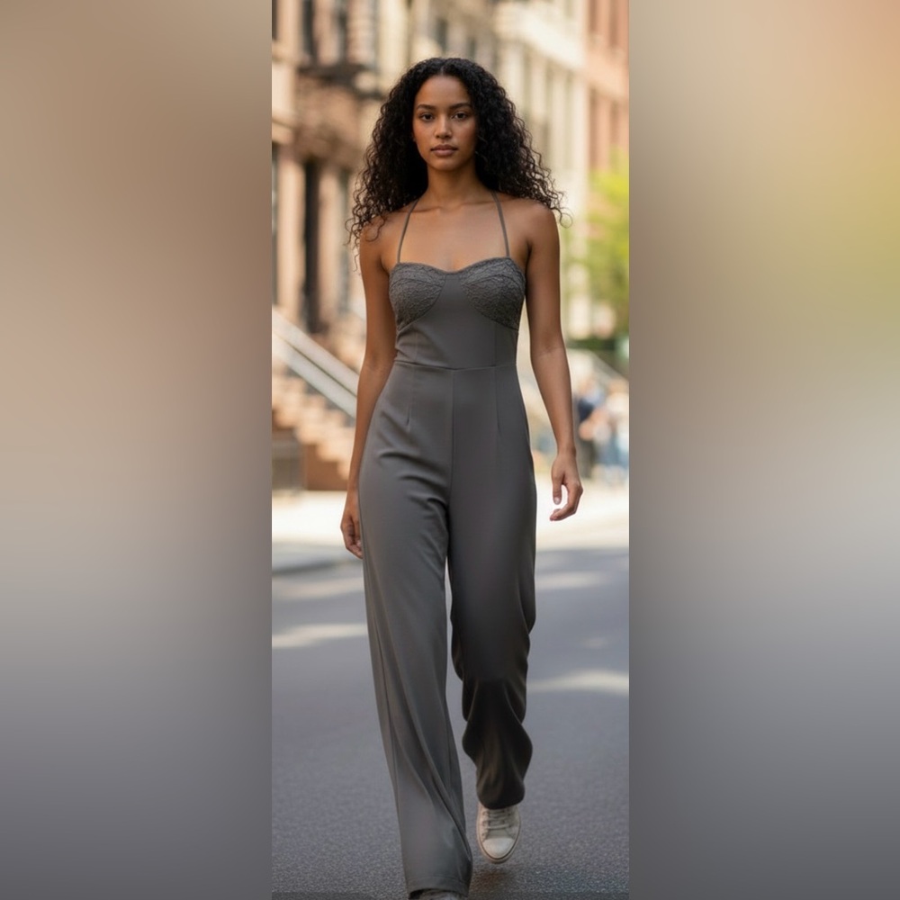 joe & Elle wide-leg jumpsuit V-neckline spaghetti straps, and lace accents XS